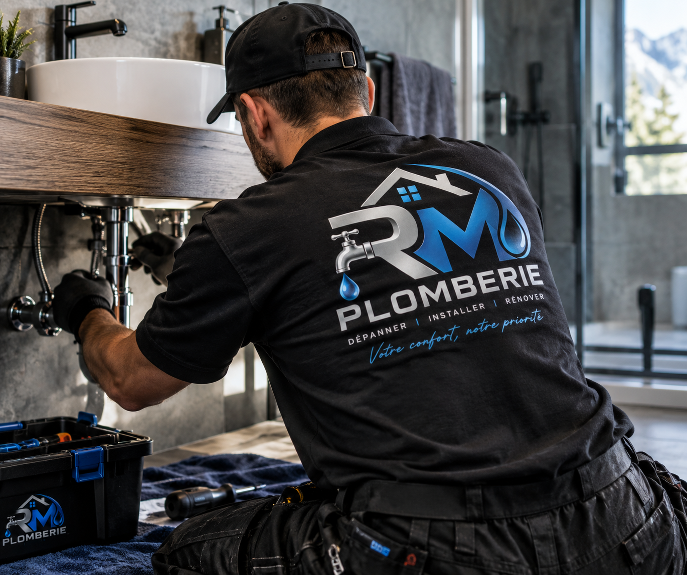 Plombier RM Plomberie en intervention sous un lavabo dans une salle de bain moderne en Haute-Savoie