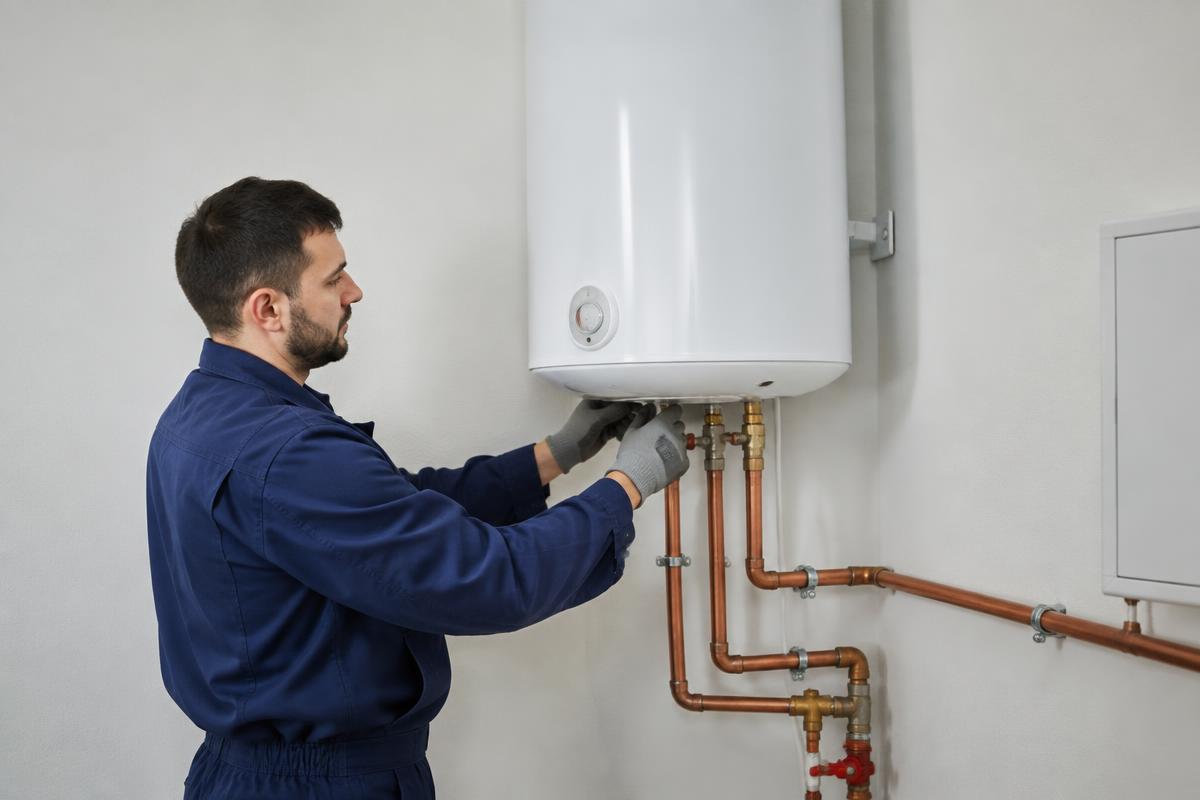 Technicien raccordant un chauffe-eau électrique mural avec des tuyaux en cuivre
